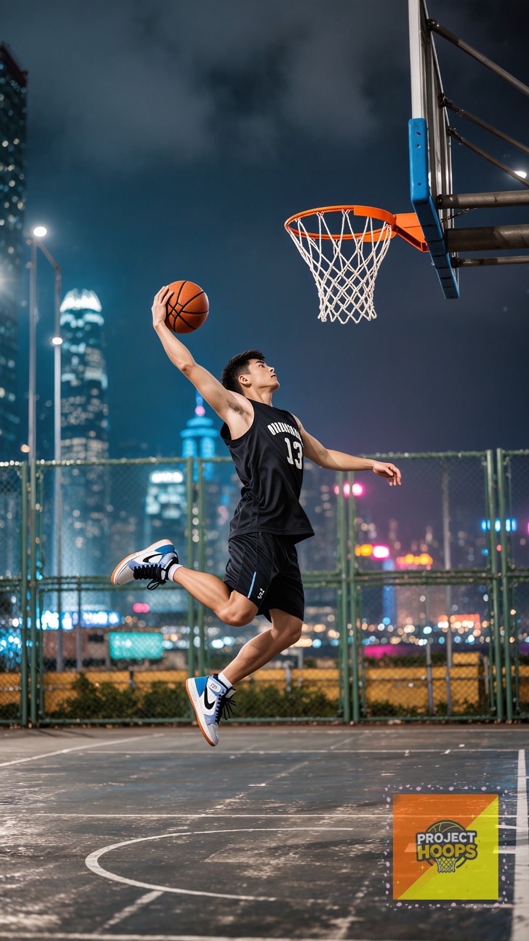 Basketball player dunking with Hong Kong skyline in background